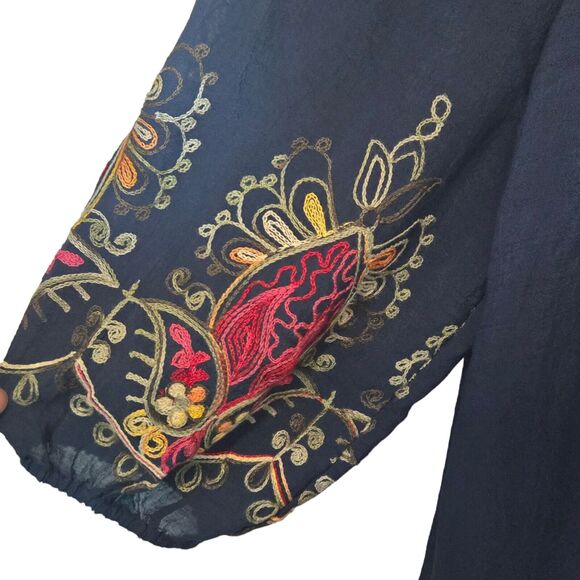 Olivia Martin Blue Boho Flowy Embroidered Sleeves Keyhole Semi Sheer Top Large - Picture 3 of 5